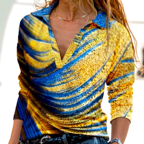 Adorable Blouse with long sleeves in pretty blues and golds in Size M - Picture 7 of 8